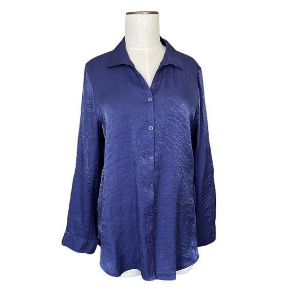 Chicos Size 1 Shirt Womens M Shiny Blue Roll Tab Sleeve Button Front Blouse - Picture 1 of 15
